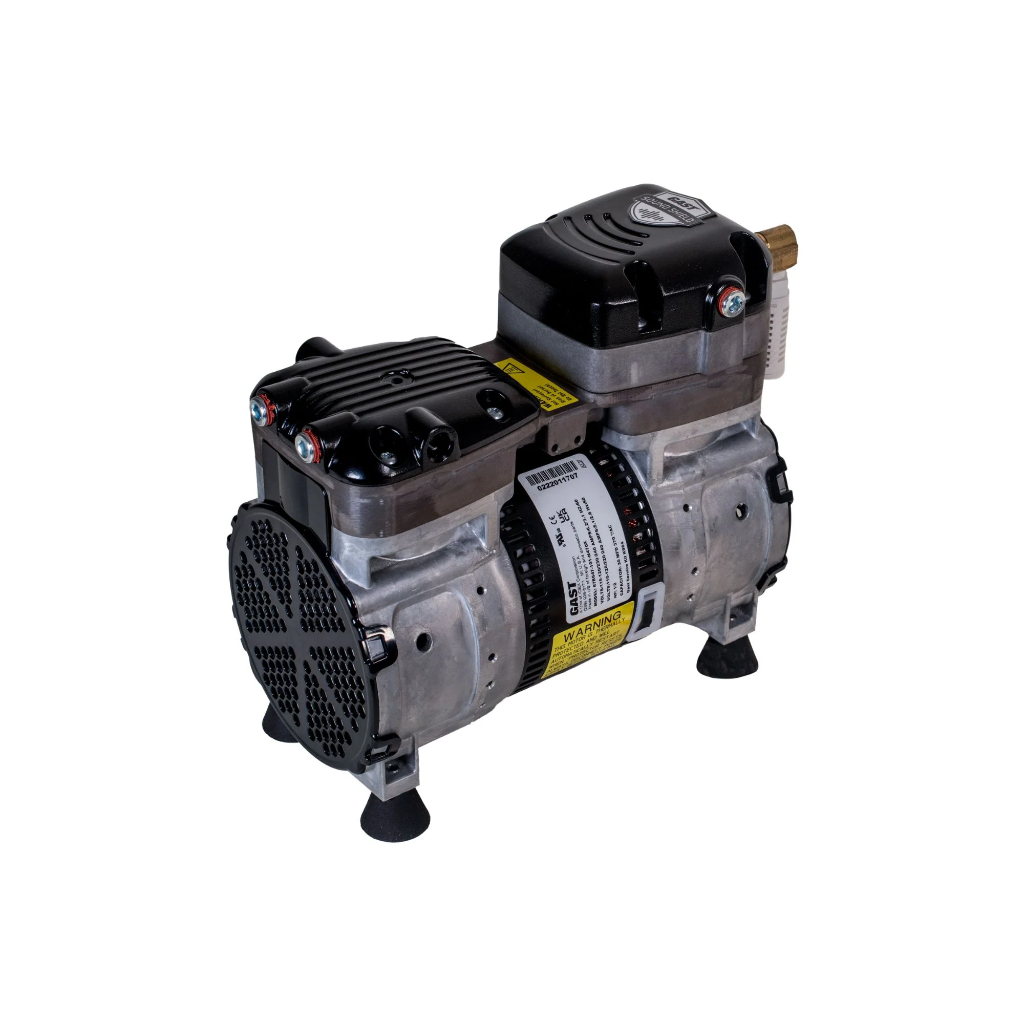 Gast | Rocking Piston Vacuum Pump. 4.8 CFM maximum flow, 28"hg max vacuum, 1/2 HP with Sound Shield. 55 db(A) | 87R647-VS101-N470X