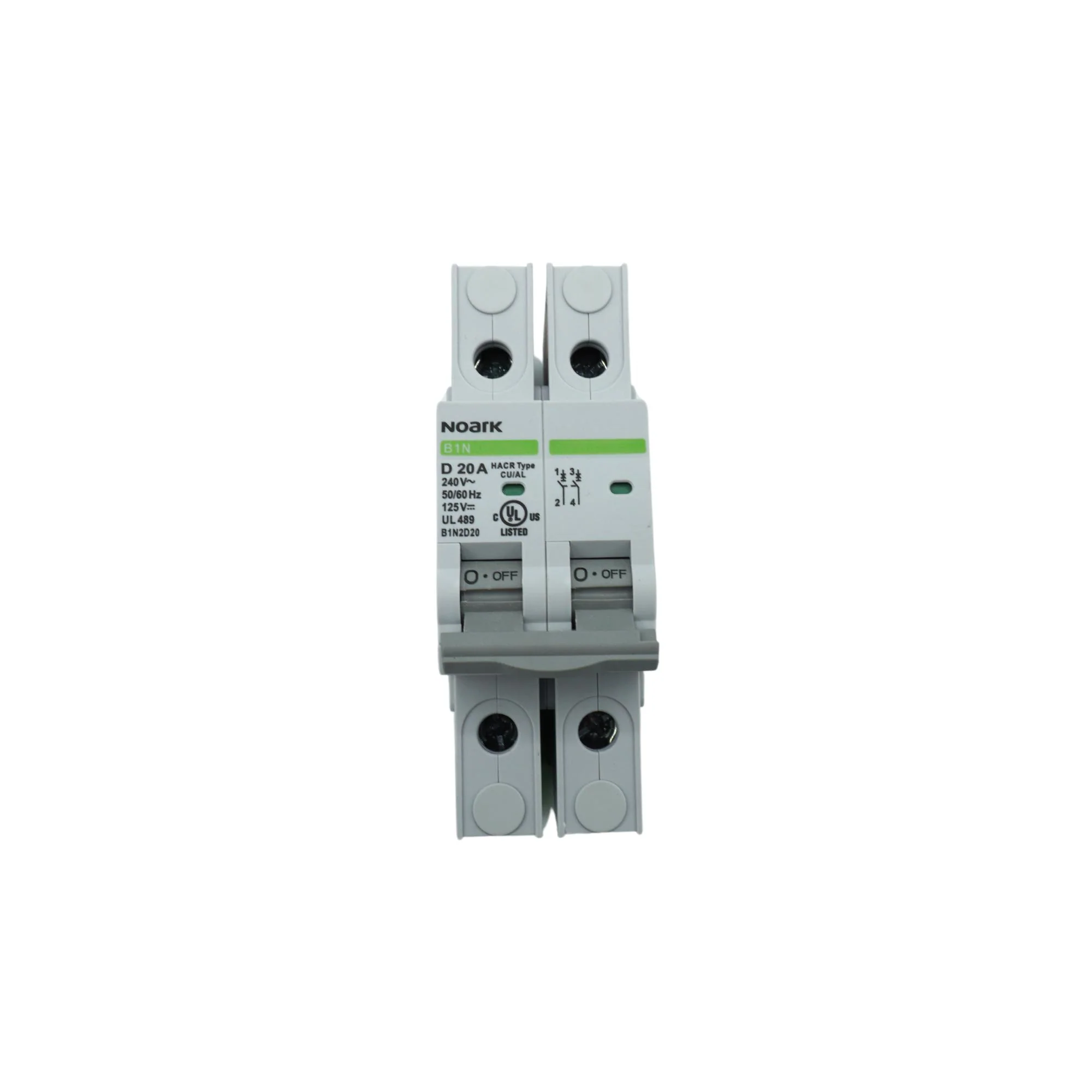 Noark | Mini Circuit Breaker, 2P, D-Curve, 20A, UL489, 240VAC/125VDC, 10 kA, Box Lug | B1N2D20