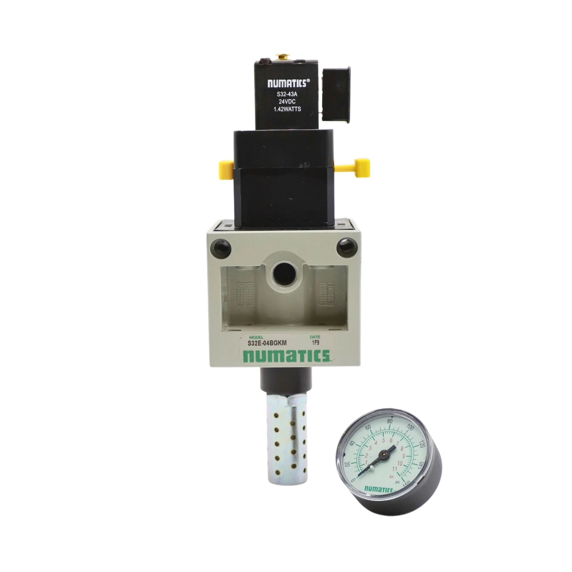 Numatics | Aventics Solenoid Air Pilot Valve w/ Muffler/Gauge, 1/2 in FNPT, Gauge/Muffler, 24VDC | S32E-04BGKM