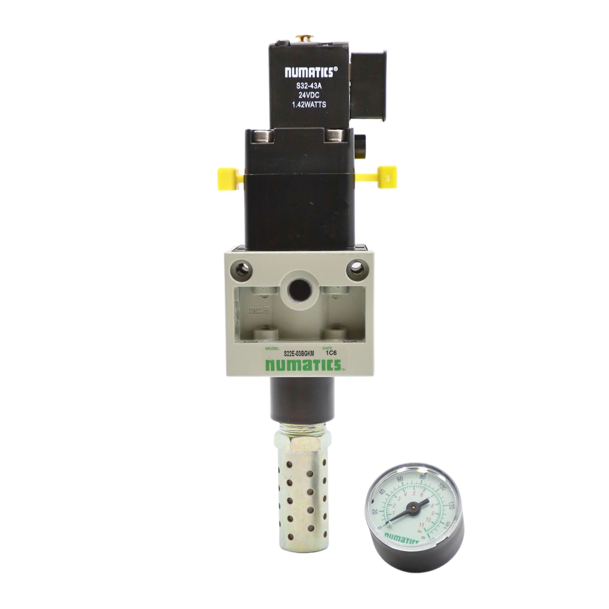 Numatics | Aventics Solenoid Air Pilot Valve w/ Muffler/Gauge, 3/8 in + 1/2 in FNPT, 24VDC | S22E-03BGKM