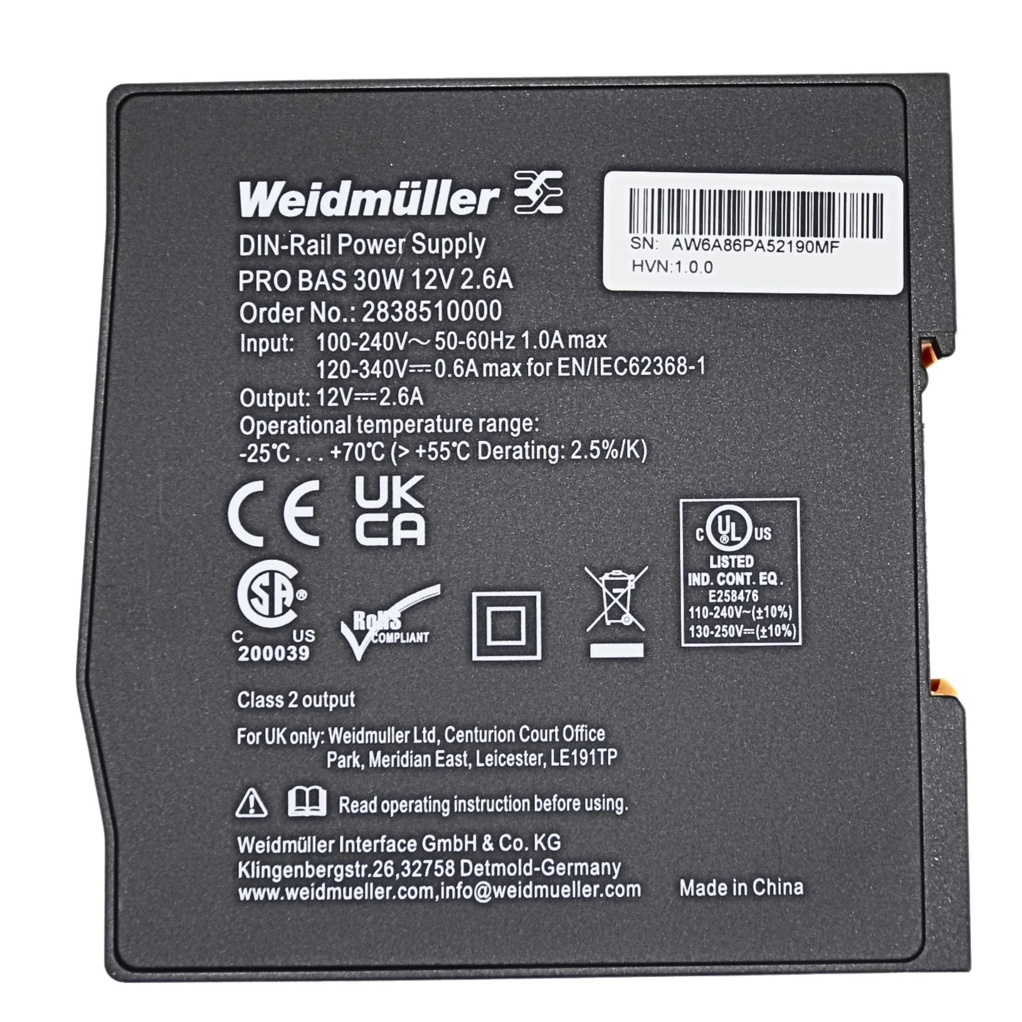 Weidmuller | PRO BAS 30W 12V 2.6A Power Supply | 2838510000 - Image 2