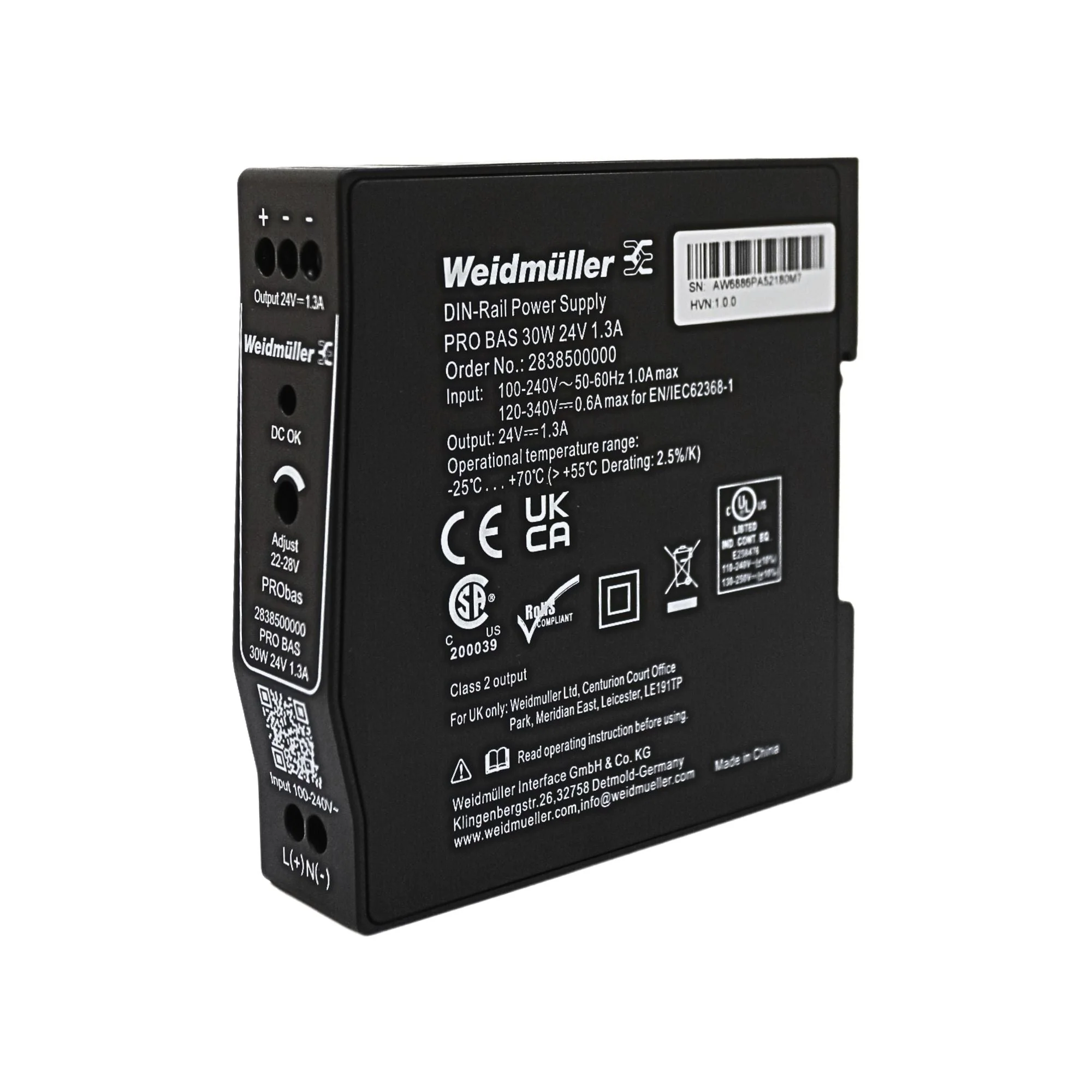 Weidmuller | PRO BAS 30W 24V 1.3A Power Supply | 2838500000